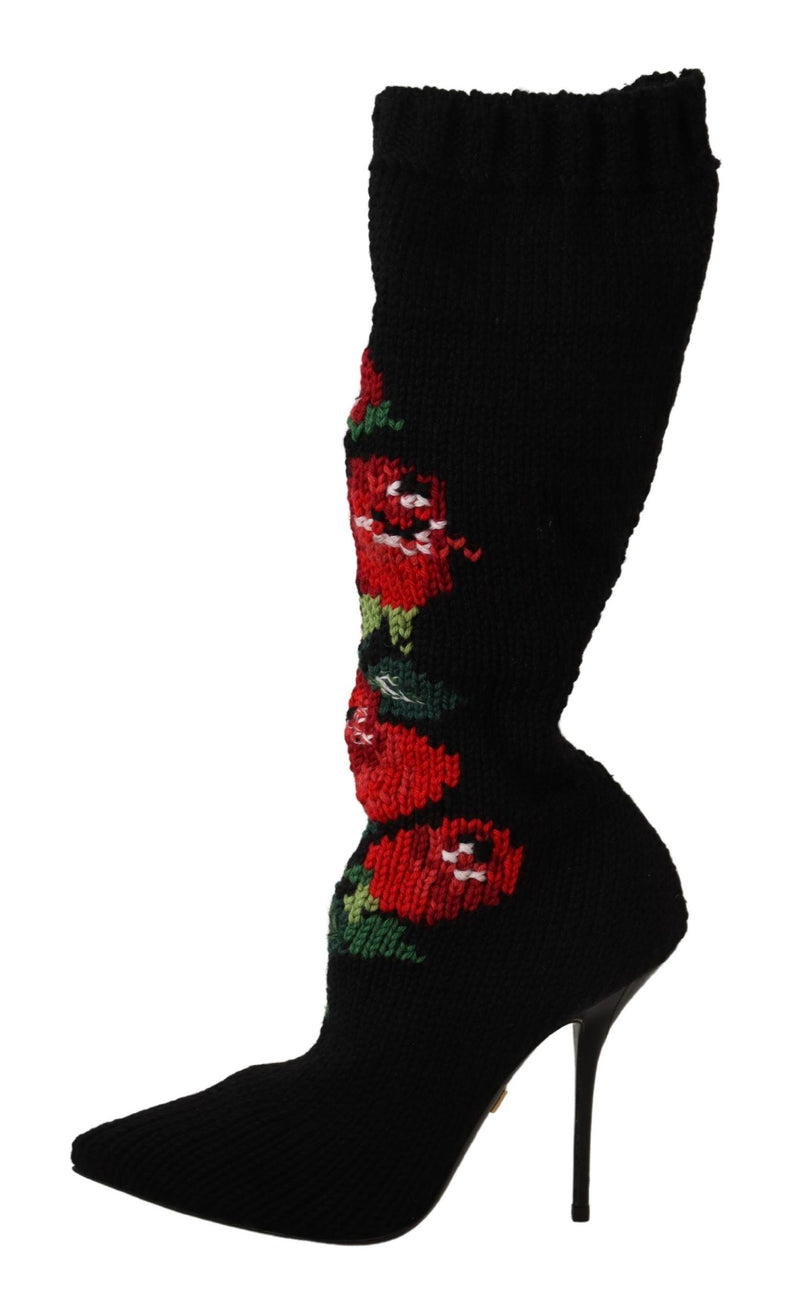 Dolce & Gabbana Black Stretch Socks Booties with Red Roses