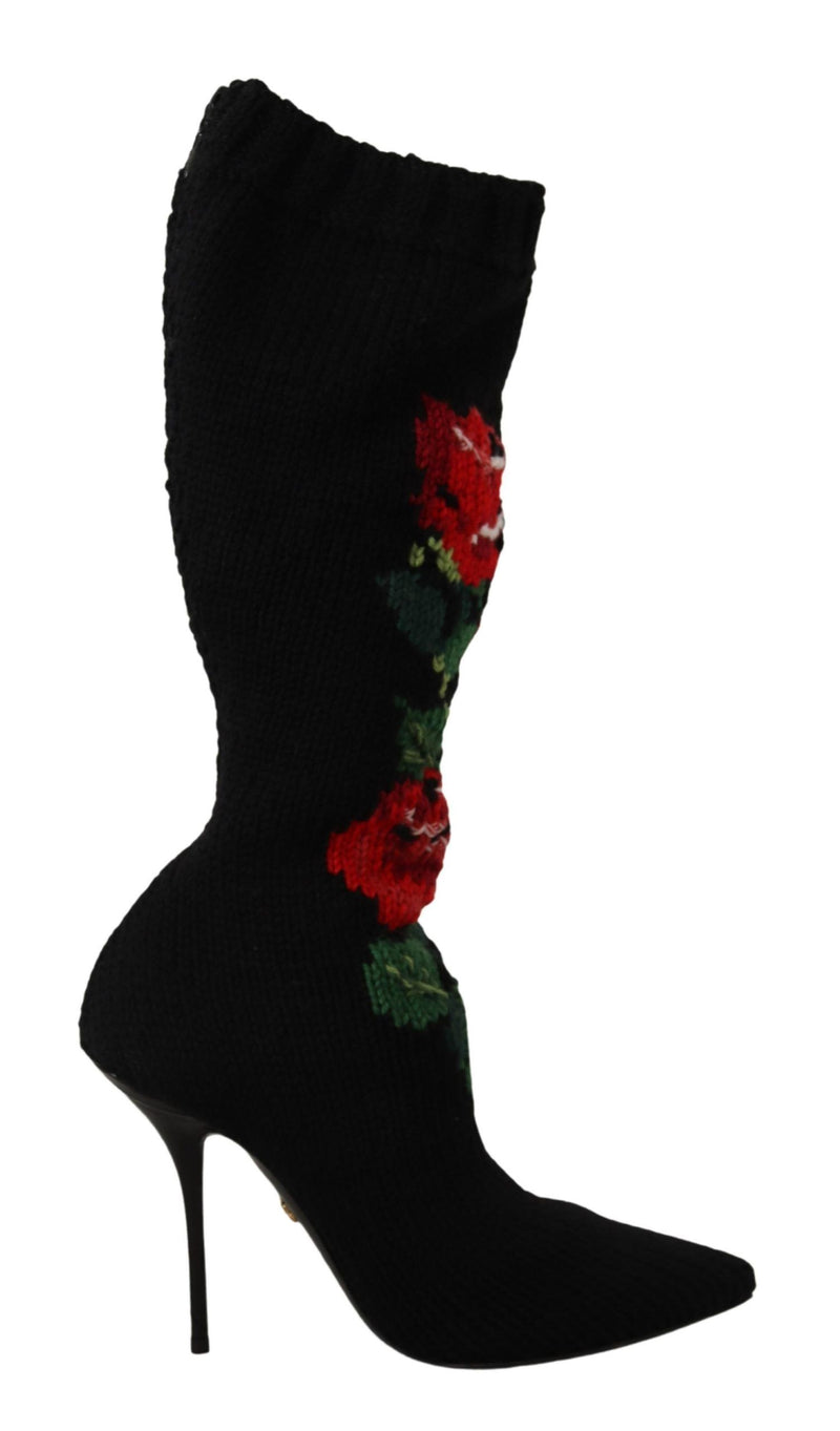 Dolce & Gabbana Black Stretch Socks Booties with Red Roses