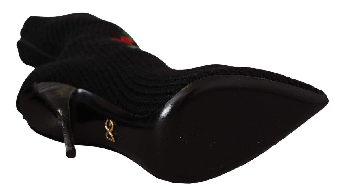Dolce & Gabbana Black Stretch Socks Booties with Red Roses