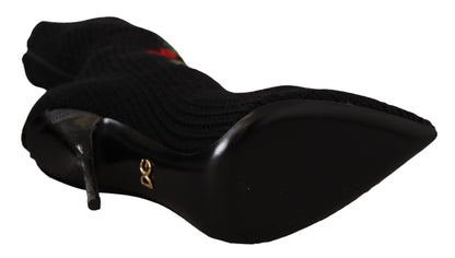 Dolce & Gabbana Zwarte Stretch Kousen met Rode Rozen, Ankle Boots