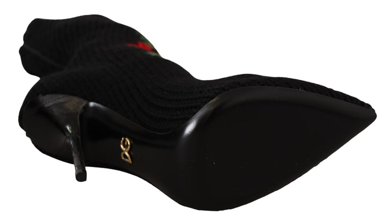 Dolce & Gabbana Black Stretch Socks Booties with Red Roses
