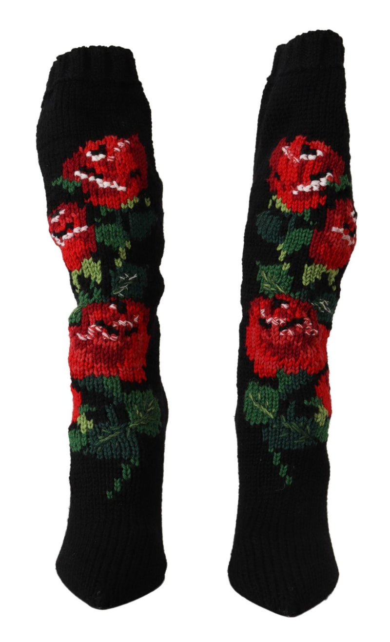Dolce & Gabbana Black Stretch Socks Booties with Red Roses