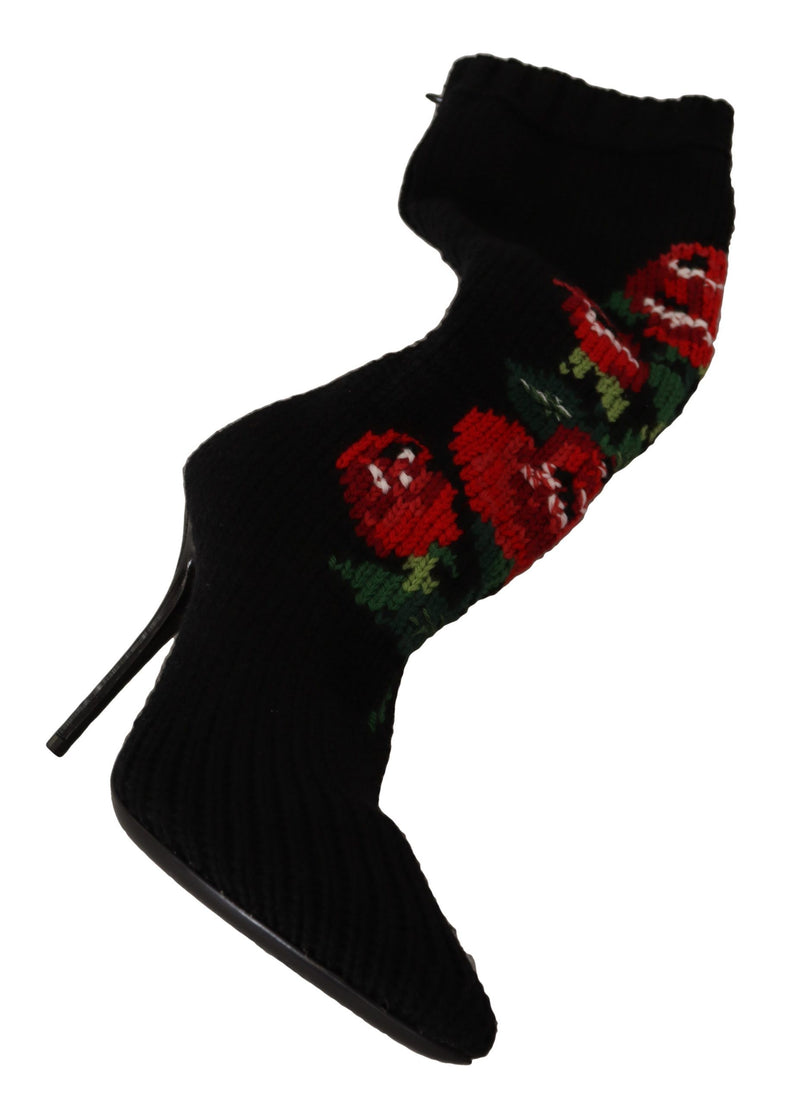 Dolce & Gabbana Black Stretch Socks Booties with Red Roses