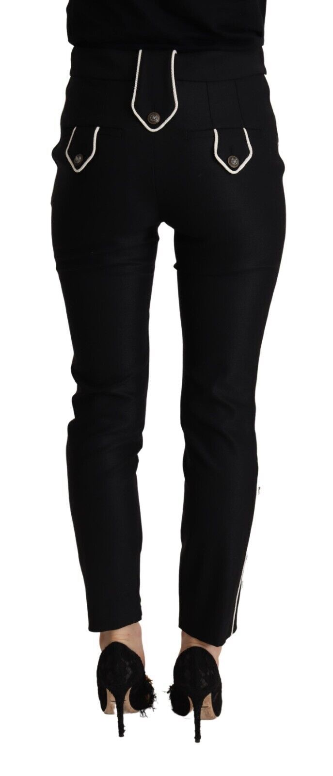 Pantalon slim noir à taille mi-hauteur, ornements de boutons, Dolce & Gabbana