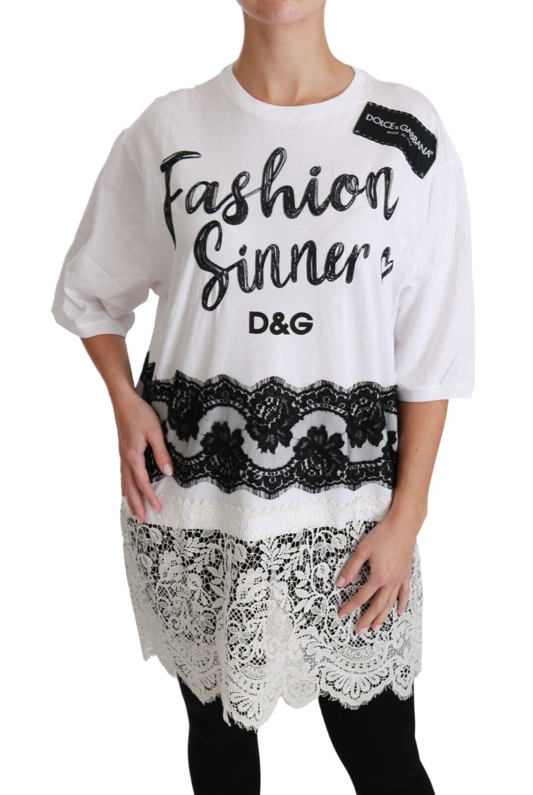 Dolce & Gabbana - Haut t-shirt en dentelle de coton blanc, modèle Fashion Sinner.