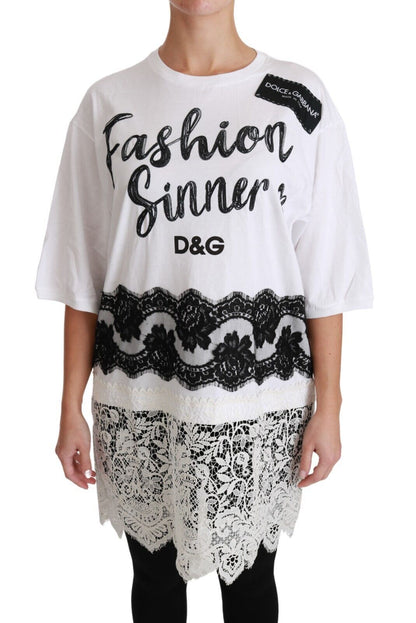 Dolce & Gabbana - Haut t-shirt en dentelle de coton blanc, modèle Fashion Sinner.