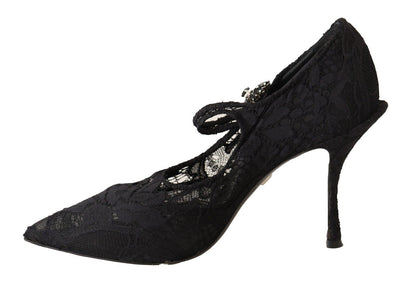 Dolce & Gabbana Mary Jane pumps met zwarte kant en kristallen hakken