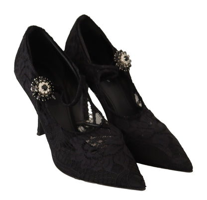 Dolce & Gabbana Mary Jane pumps met zwarte kant en kristallen hakken