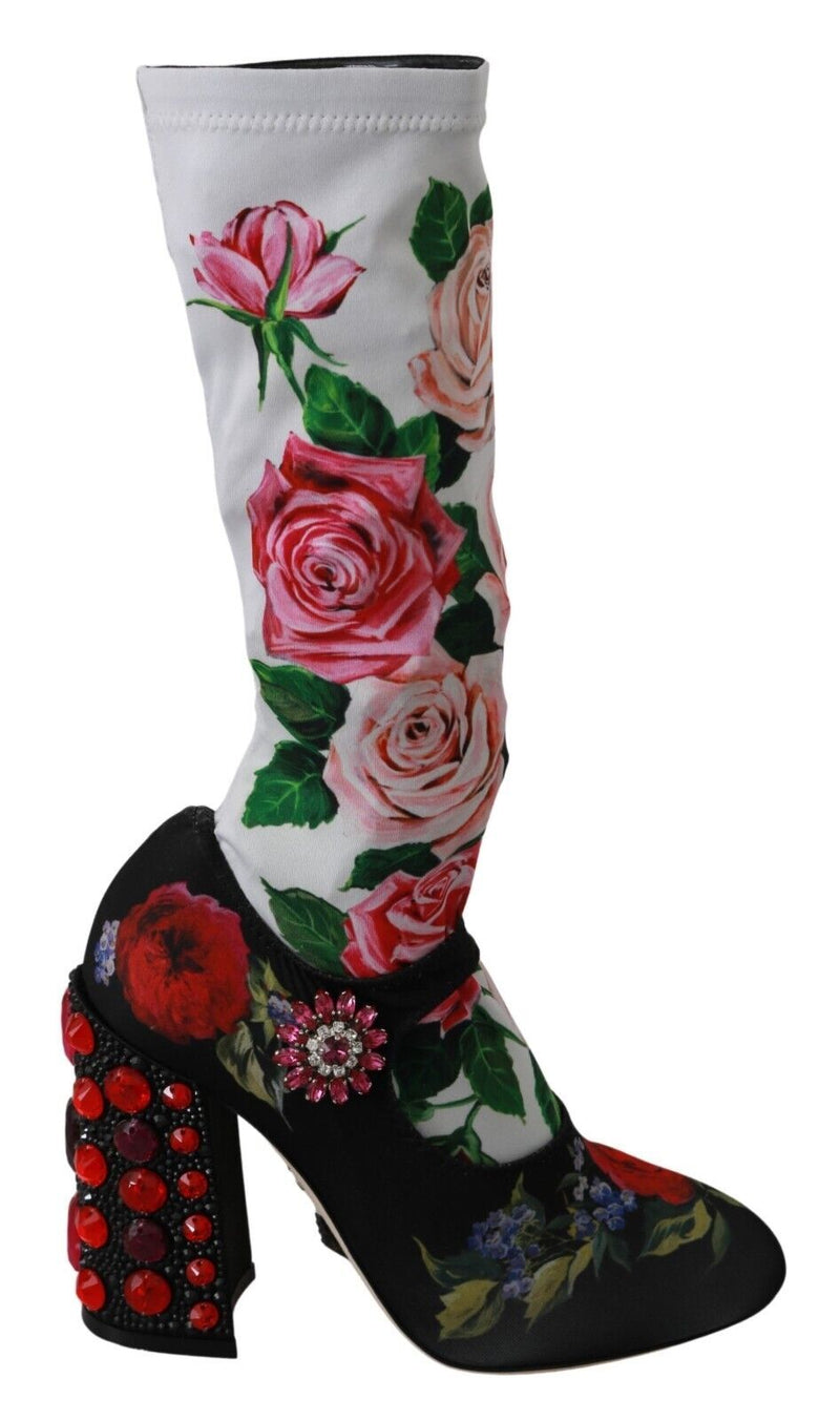 Dolce & Gabbana Black Floral Socks Crystal Jersey Boots