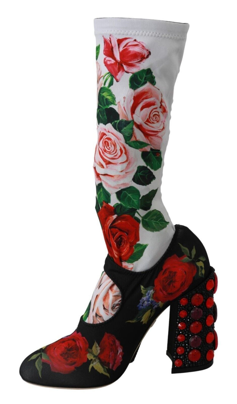 Dolce & Gabbana Black Floral Socks Crystal Jersey Boots