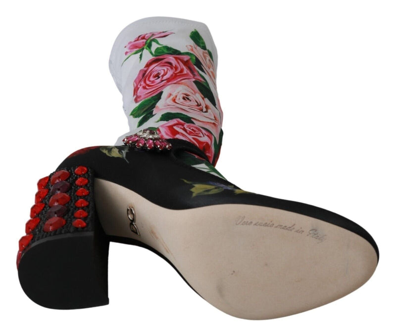 Dolce & Gabbana Black Floral Socks Crystal Jersey Boots