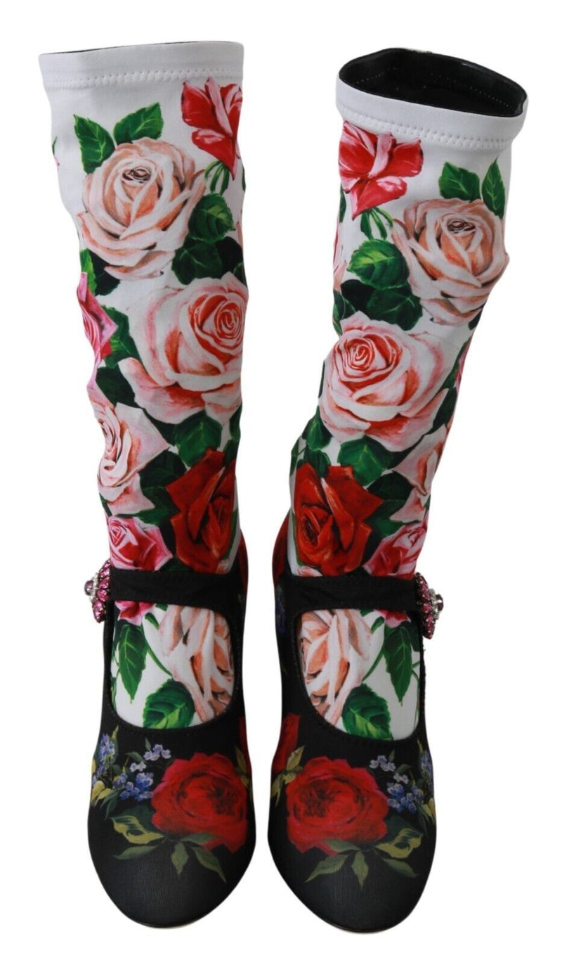 Dolce & Gabbana Black Floral Socks Crystal Jersey Boots
