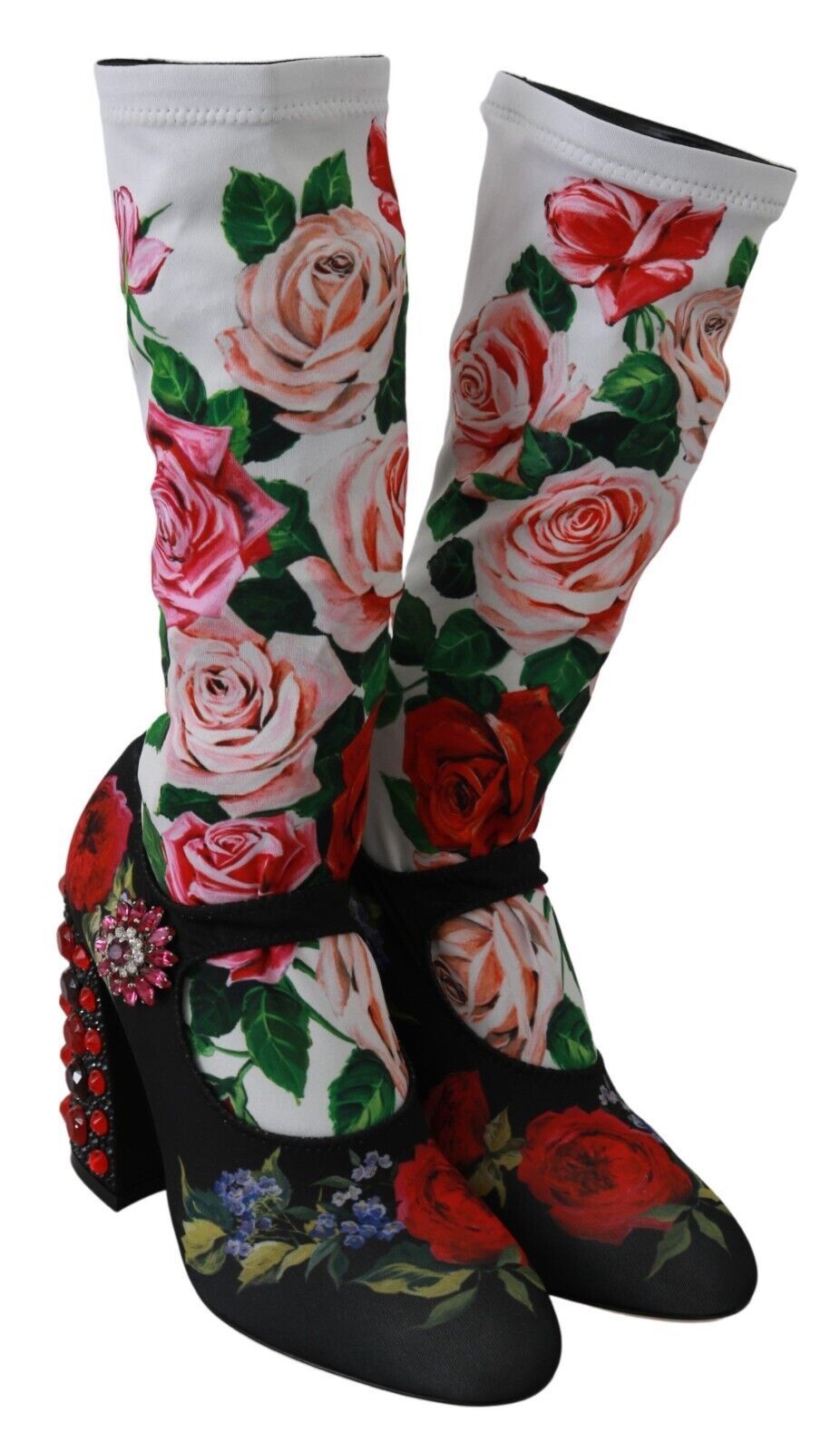 Dolce & Gabbana Black Floral Socks Crystal Jersey Boots
