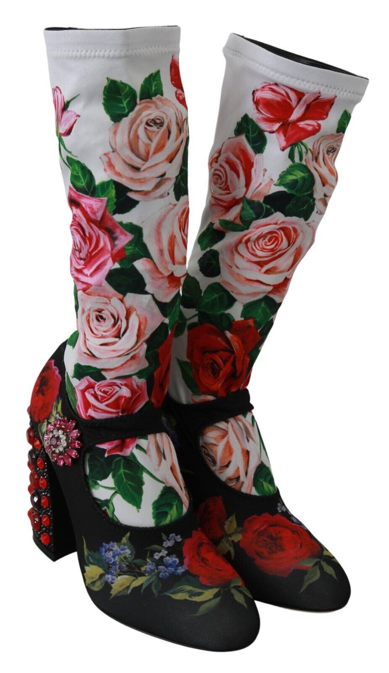 Dolce & Gabbana Black Floral Socks Crystal Jersey Boots