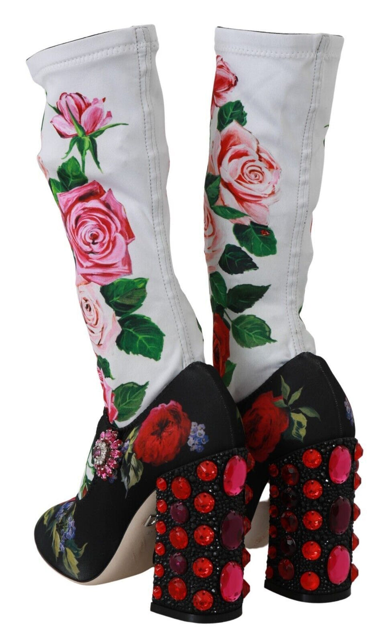 Dolce & Gabbana Black Floral Socks Crystal Jersey Boots