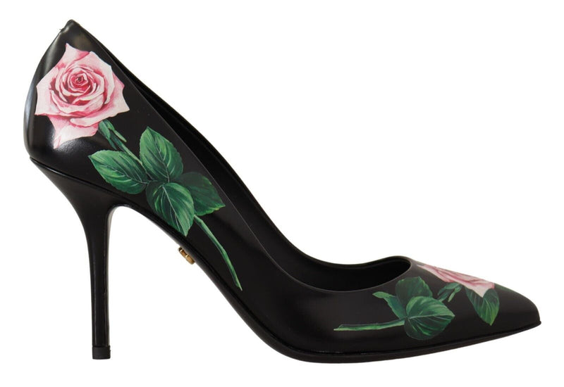 Dolce & Gabbana Black Leather Roses High Heels Pumps