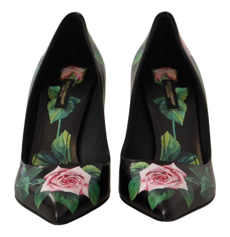 Dolce & Gabbana Black Leather Roses High Heels Pumps