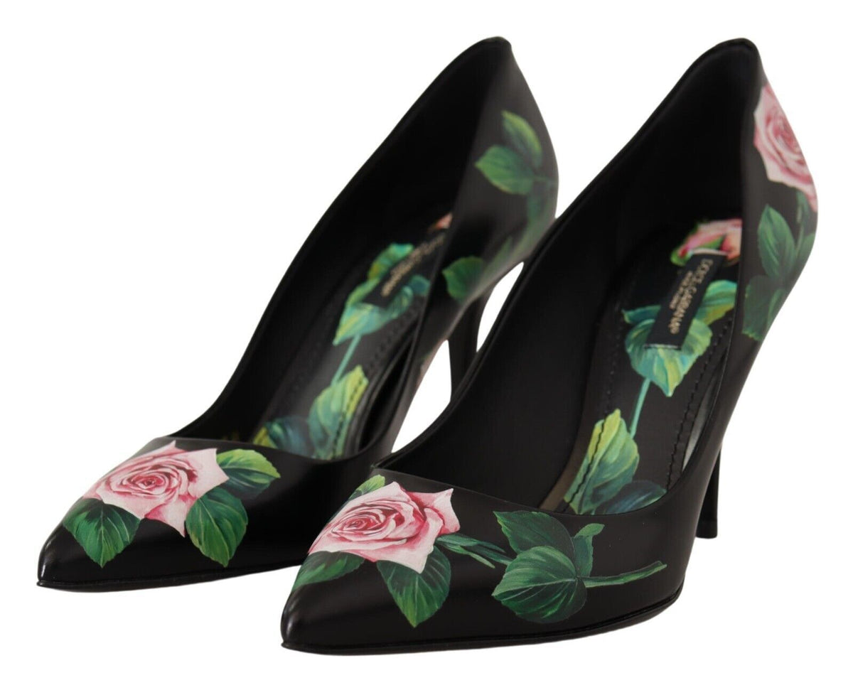 Dolce & Gabbana Black Leather Roses High Heels Pumps