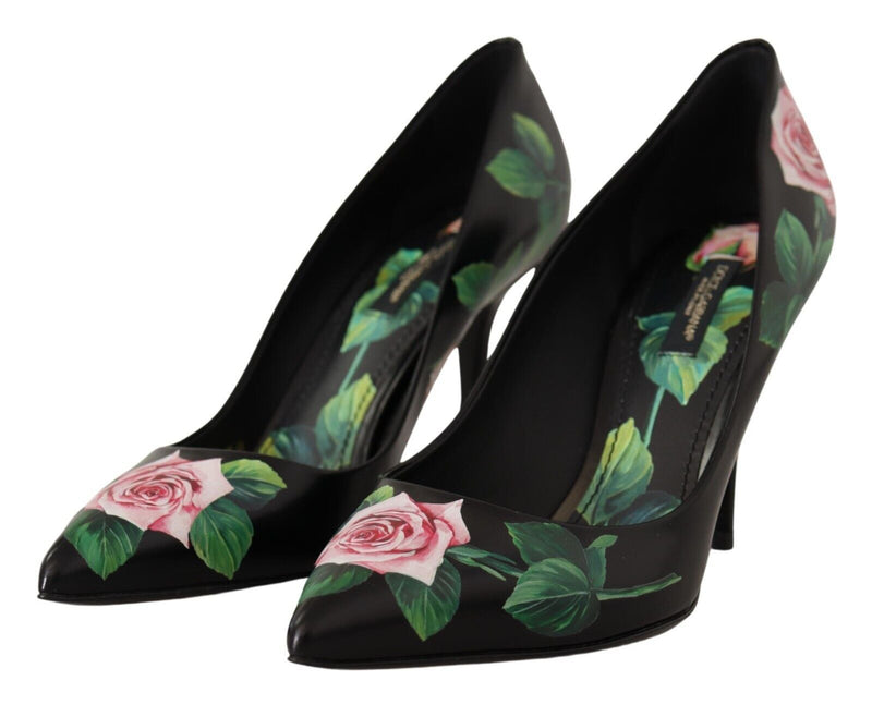 Dolce & Gabbana Black Leather Roses High Heels Pumps