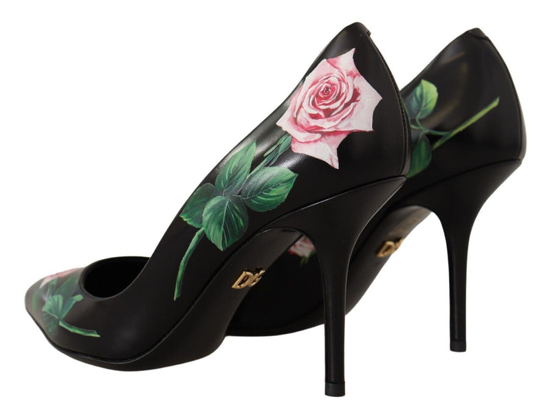 Dolce & Gabbana Black Leather Roses High Heels Pumps
