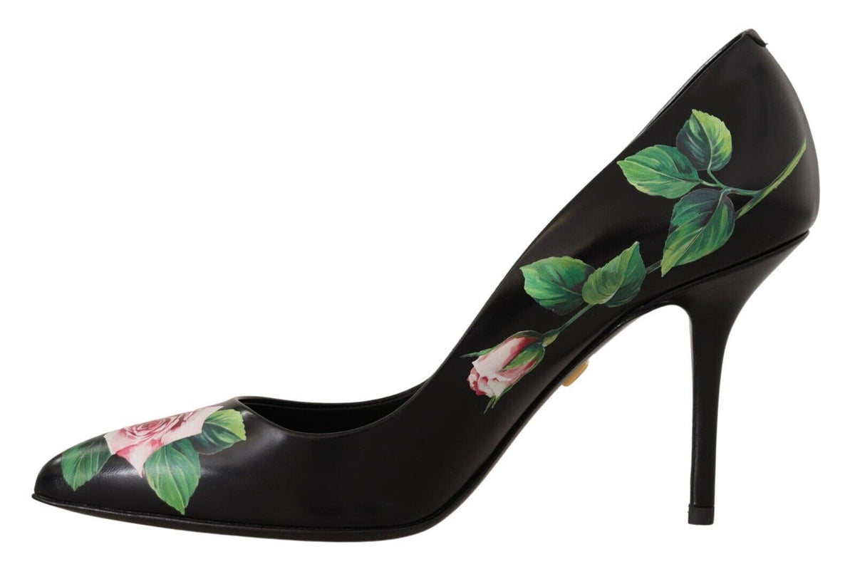 Dolce & Gabbana Black Leather Roses High Heels Pumps