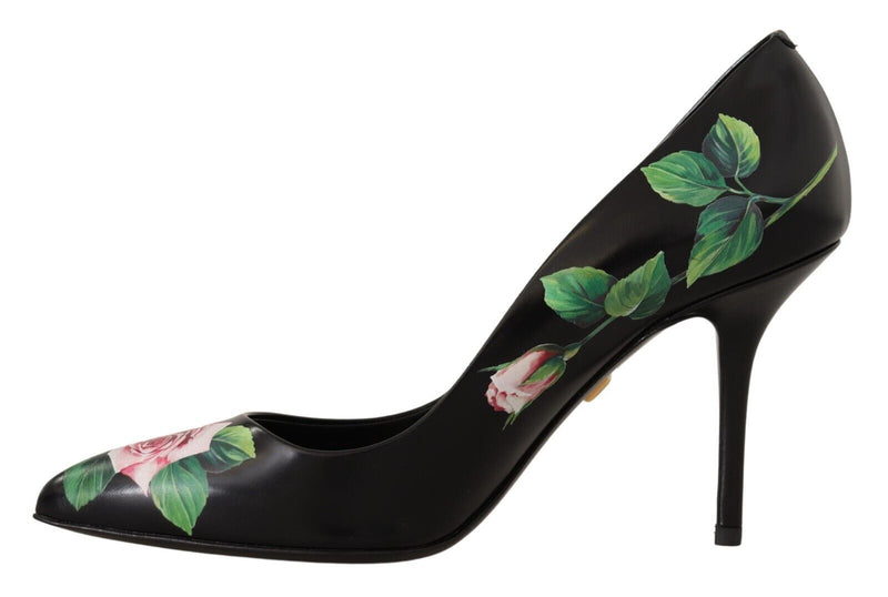 Dolce & Gabbana Black Leather Roses High Heels Pumps