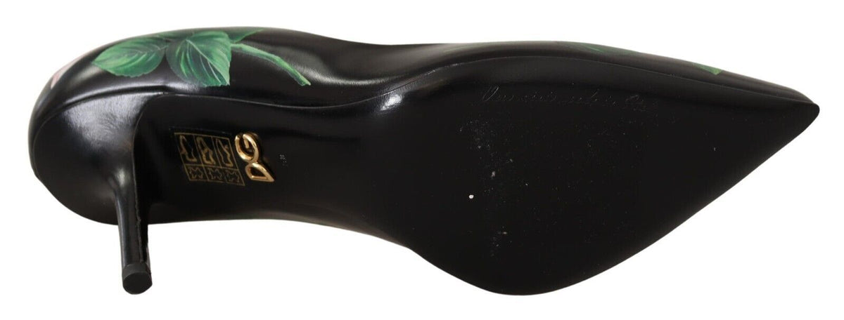 Dolce & Gabbana Black Leather Roses High Heels Pumps