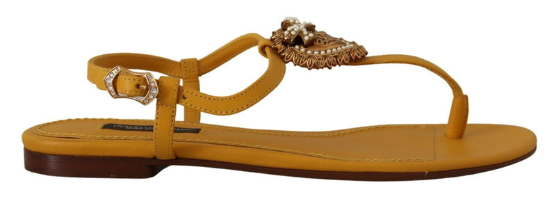 Dolce & Gabbana Mustard Leather Devotion Flats Sandals