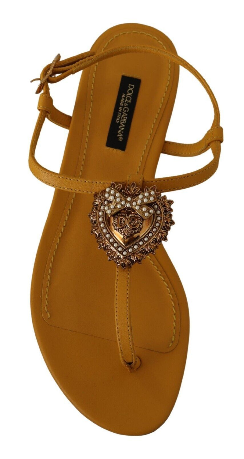Dolce & Gabbana Mustard Leather Devotion Flats Sandals