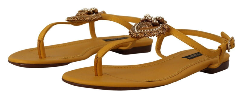 Dolce & Gabbana Mustard Leather Devotion Flats Sandals