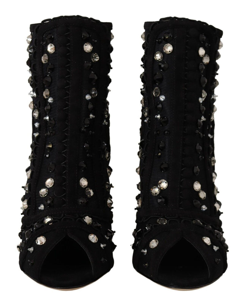 Dolce & Gabbana Black Crystals Heels Zipper Short Boots