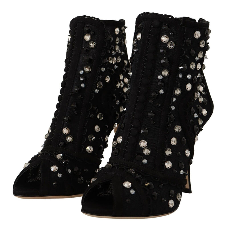 Dolce & Gabbana Black Crystals Heels Zipper Short Boots