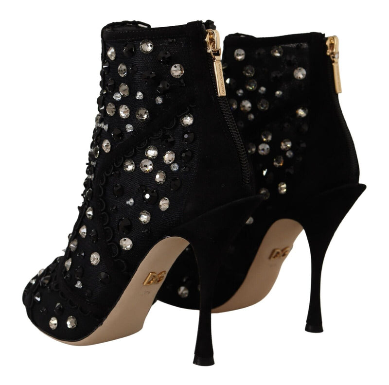 Dolce & Gabbana Black Crystals Heels Zipper Short Boots