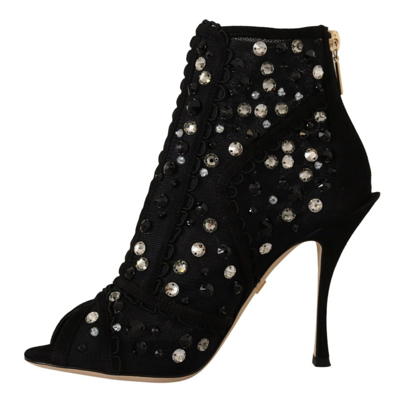 Dolce & Gabbana Black Crystals Heels Zipper Short Boots