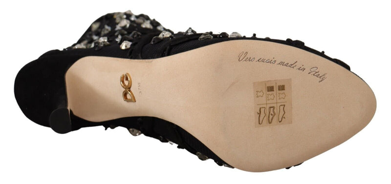 Dolce & Gabbana Black Crystals Heels Zipper Short Boots