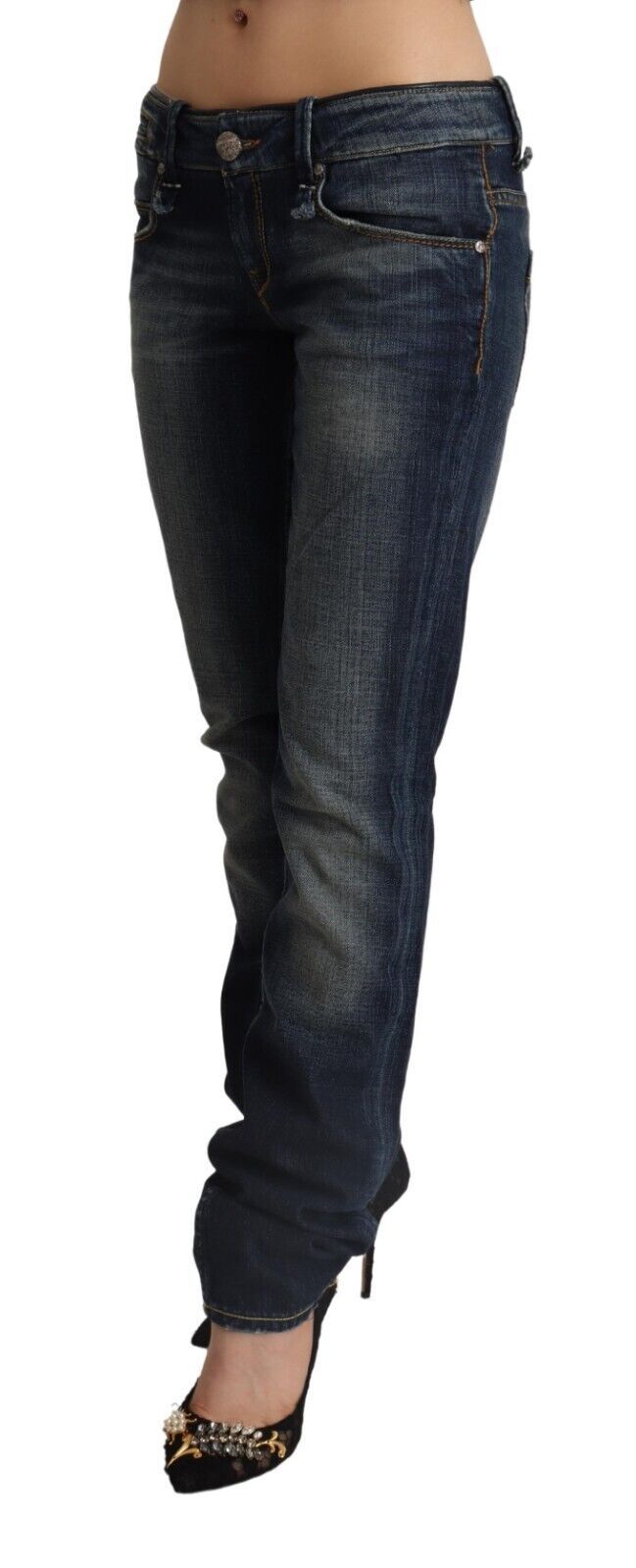 Jeans skinny en coton délavé bleu foncé à taille basse Acht