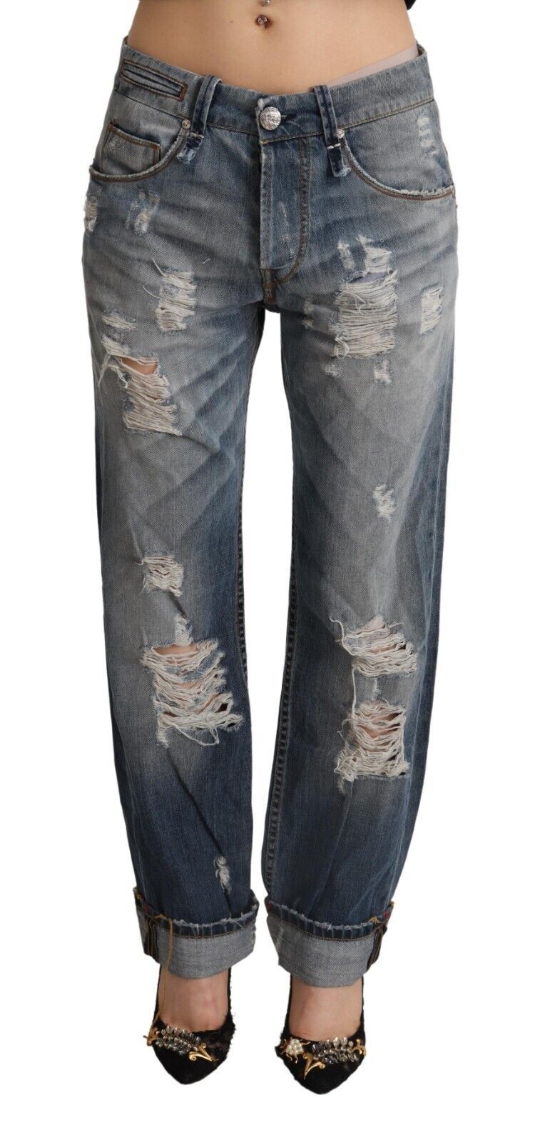 Acht Blue Tattered Mid Waist Straight Denim Jeans