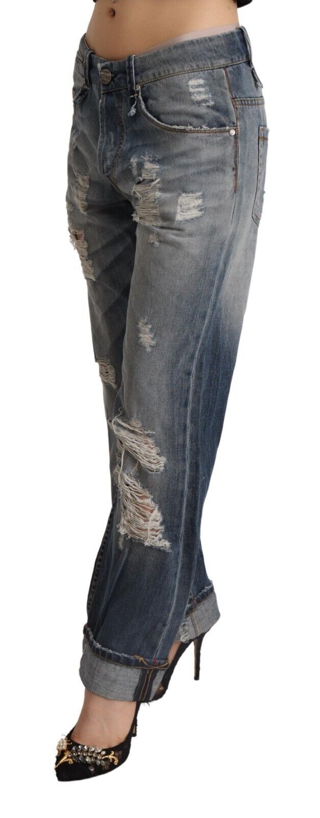 Jeans en coton droit, taille mi-hauteur, bleu déchiré, Acht.