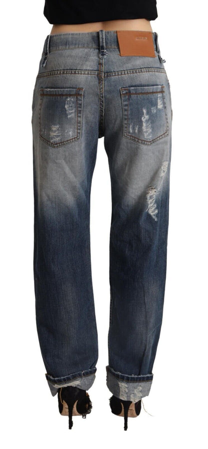 Jeans en coton droit, taille mi-hauteur, bleu déchiré, Acht.