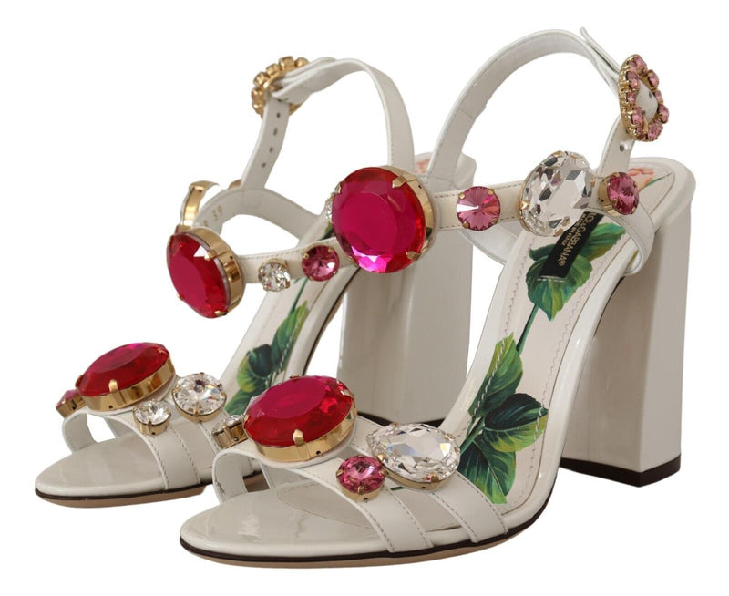 Dolce & Gabbana White Leather Crystal Keira Heels Sandals