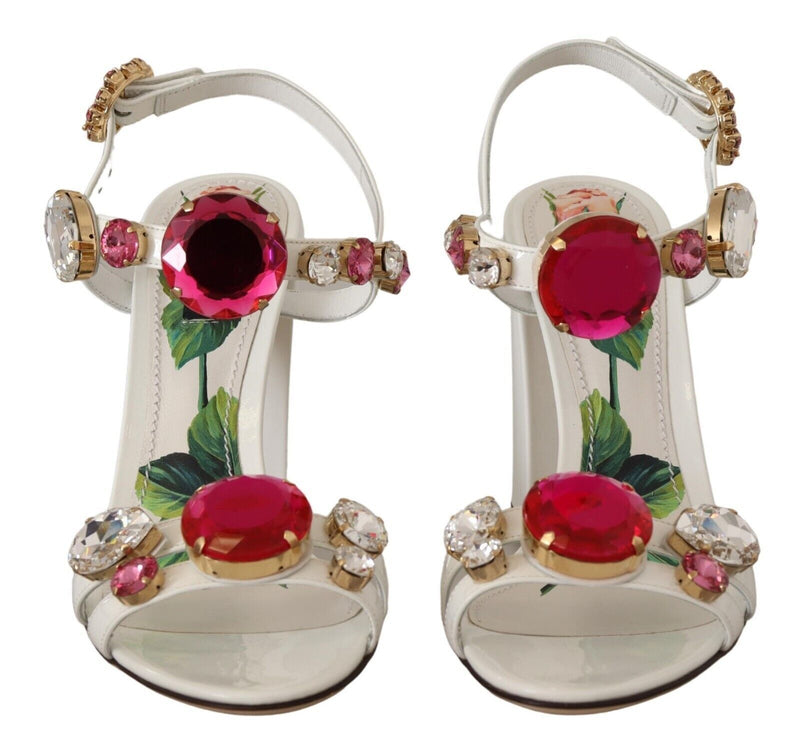 Dolce & Gabbana White Leather Crystal Keira Heels Sandals
