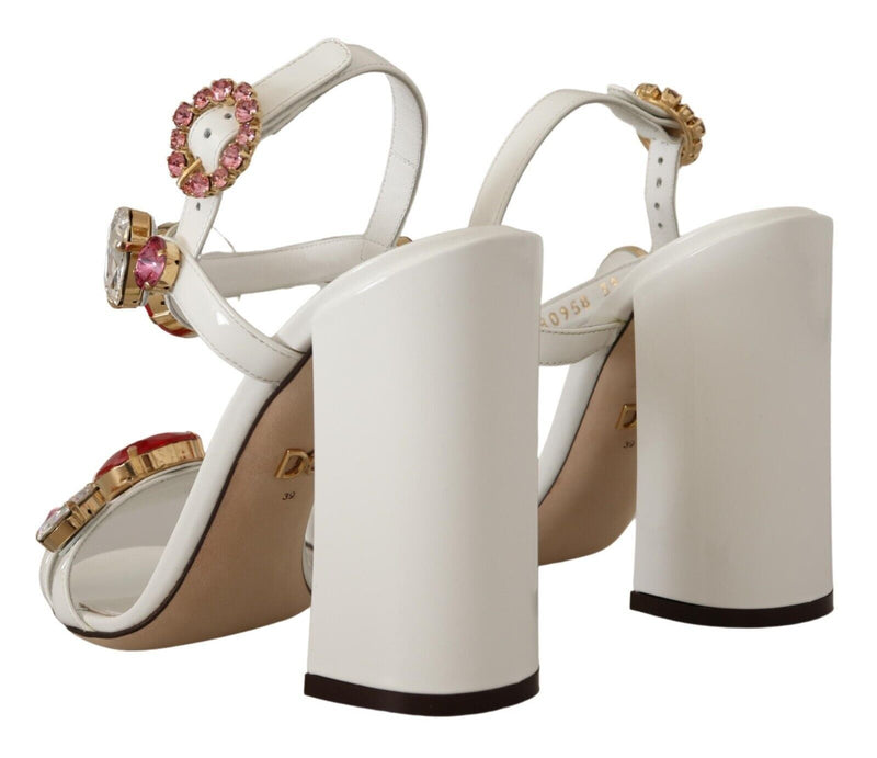 Dolce & Gabbana White Leather Crystal Keira Heels Sandals