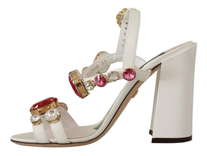 Dolce & Gabbana White Leather Crystal Keira Heels Sandals