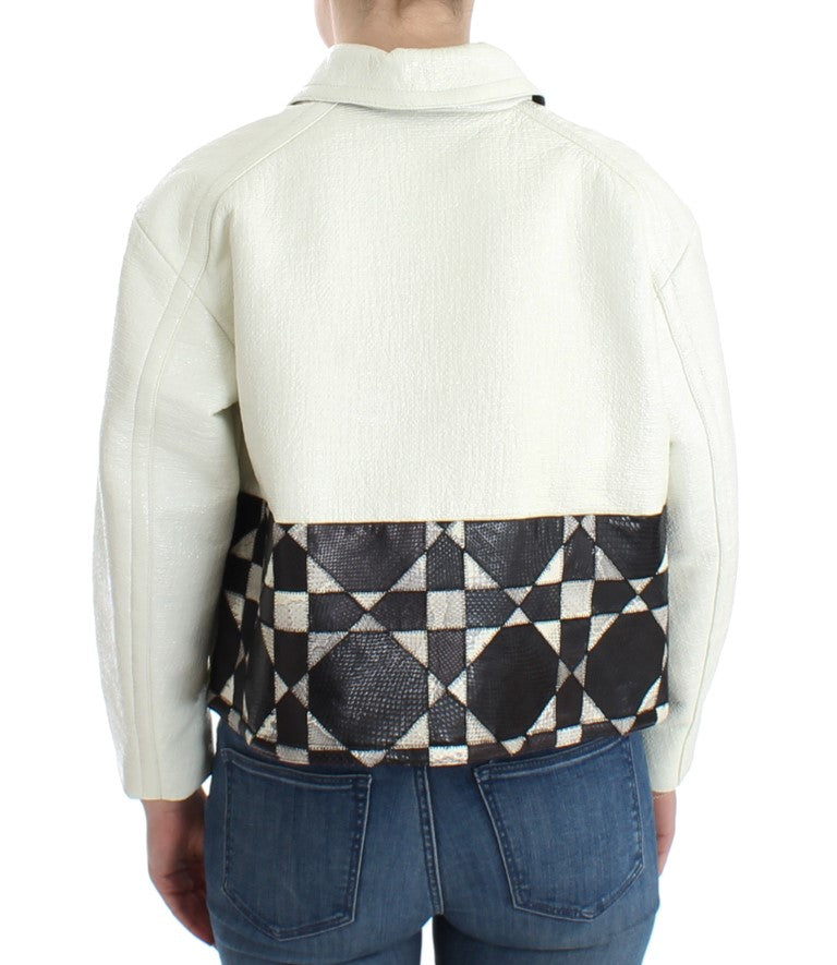 Blouson court en cuir blanc et noir Andrea Pompilio