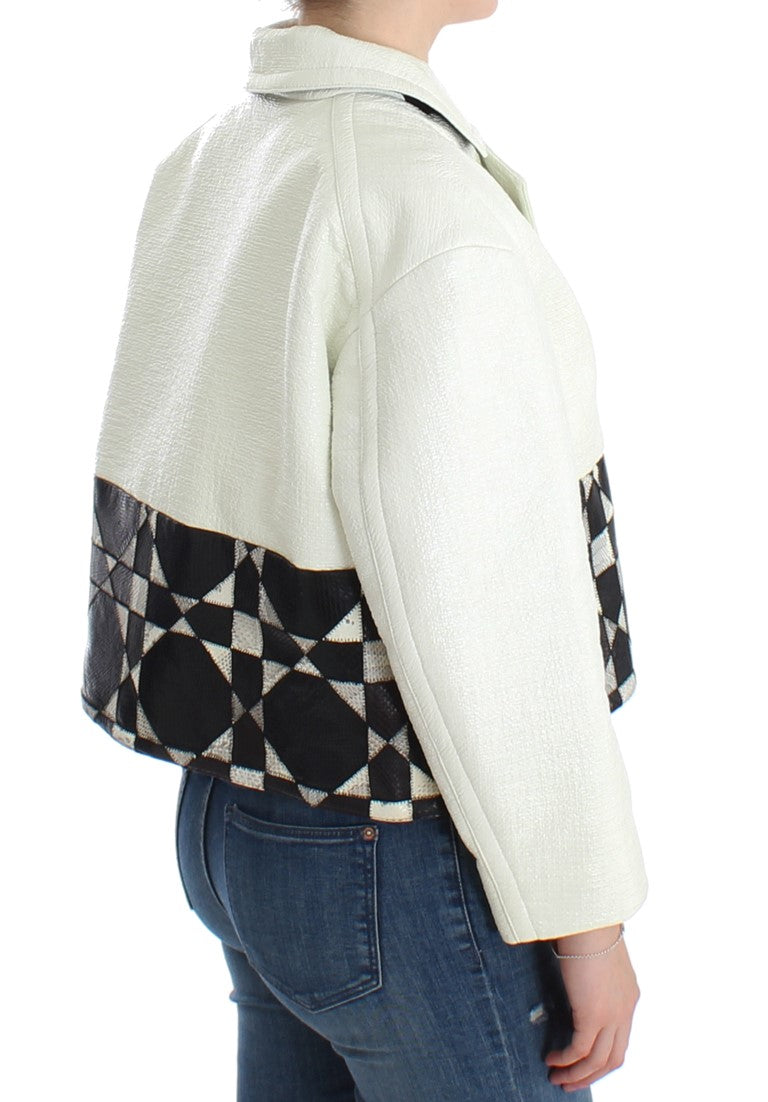 Blouson court en cuir blanc et noir Andrea Pompilio