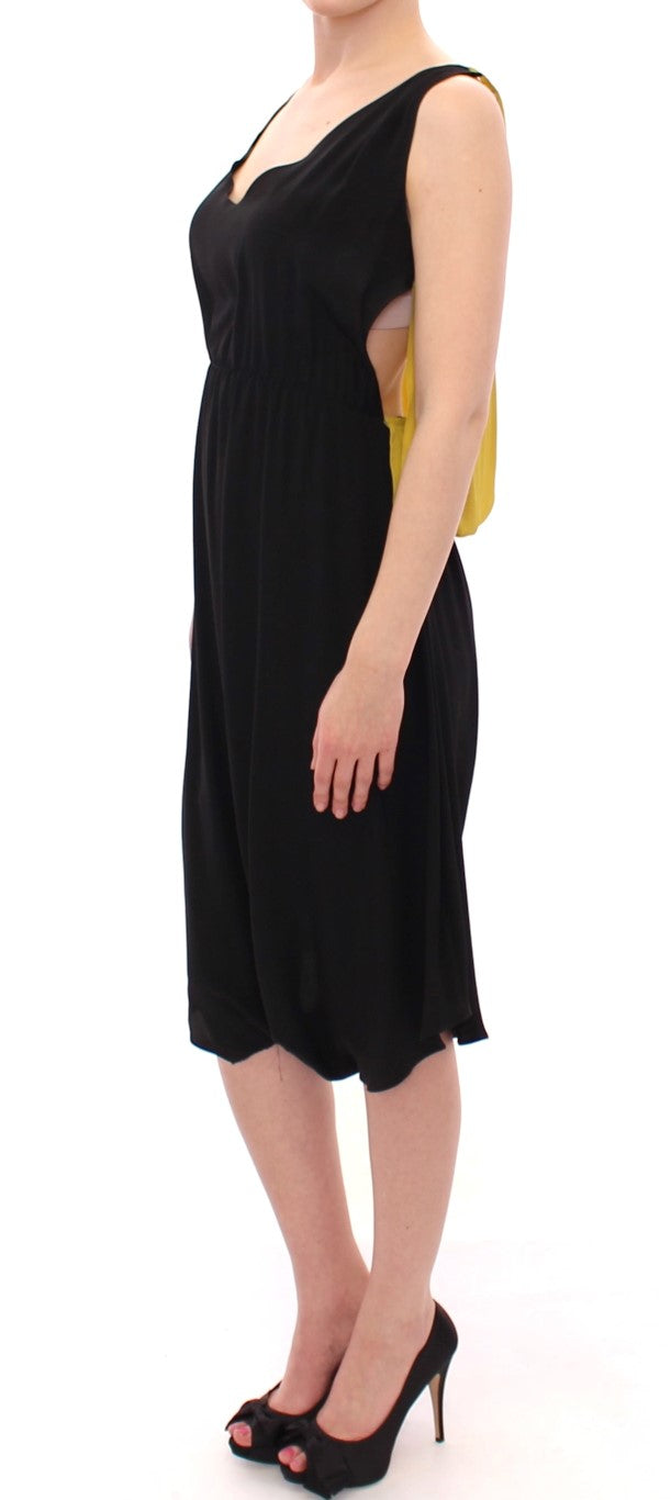 Robe cocktail noire et jaune en soie, style chemise, de Lamberto Petri.