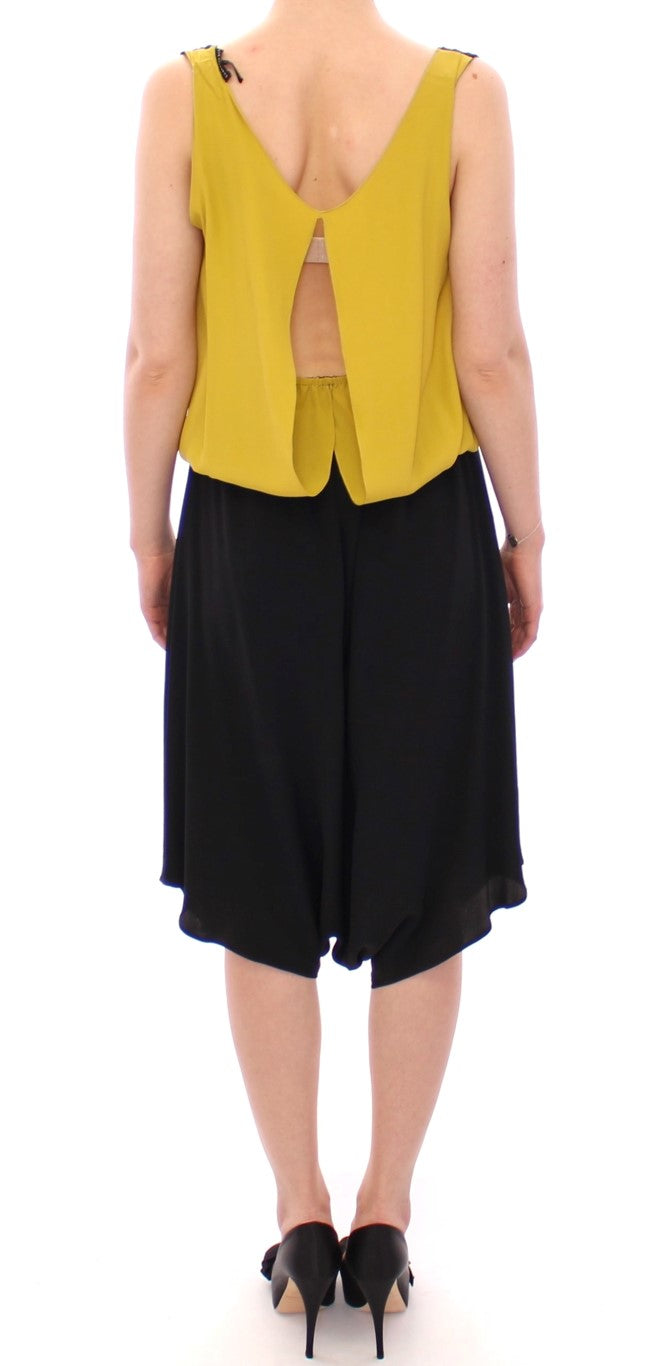 Robe cocktail noire et jaune en soie, style chemise, de Lamberto Petri.