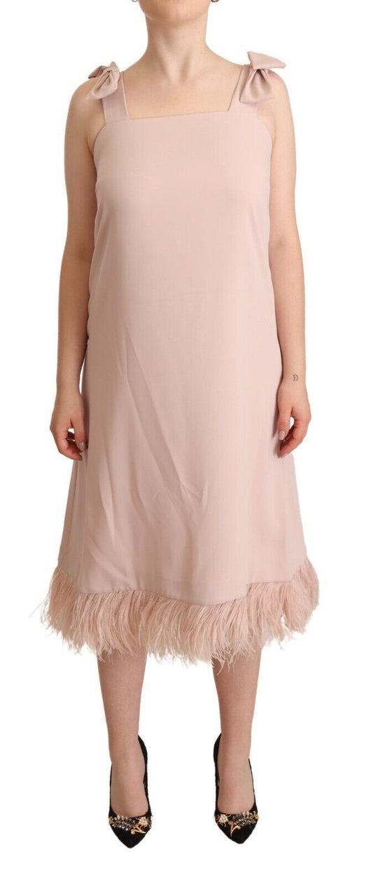PAROSH Robe trapèze midi en polyester rose, sans manches, avec plumes