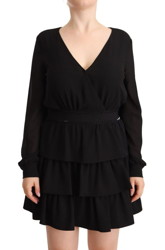 Robe mini trapèze Liu Jo en polyester noir, manches longues, col en V.