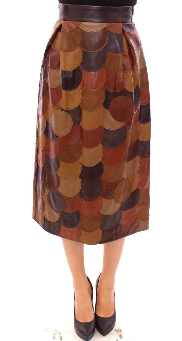 Jupe droite en cuir marron à motifs patchwork de Dolce &amp; Gabbana